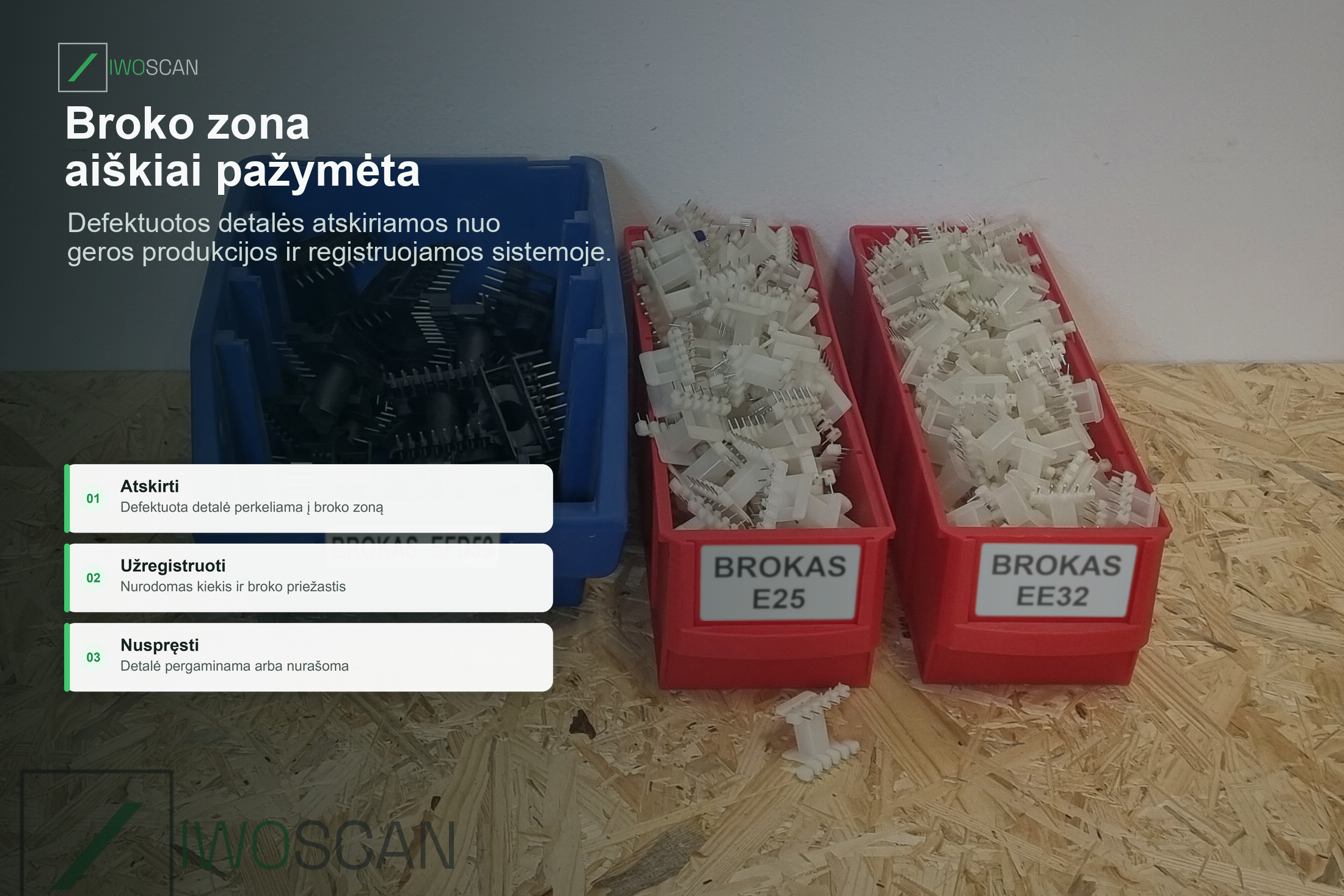 Aiškiai pažymėta broko zona defektuotoms detalėms gamyboje